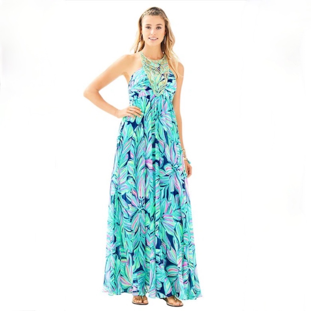 Lilly Pulitzer Lannette Maxi Dress High Tide Navy Dancing Lady, Size 8, Mint